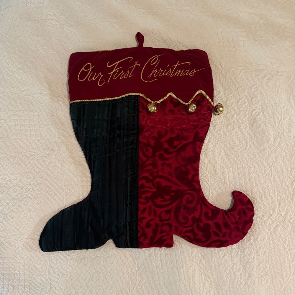Our First Christmas stocking. Velvet. With three brass bells.